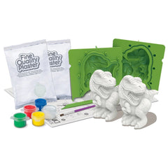 4M 3D Mould & Paint Dinosaurs set includes white dinosaur figurines, green stencils, and colorful plastic containers.
