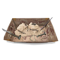 4M Dig a Dinosaur T-Rex educational kit with textured brown surface, sand-like figures, and metallic knives on either side.