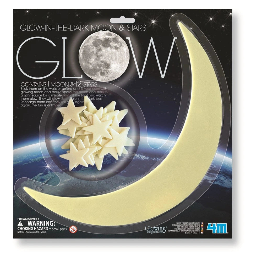Glow in the Dark Moon & Stars packaging features white graphics of a crescent moon, stars, and planets on a black background.