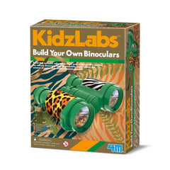KidzLabs Build Your Own Binoculars kit in green cardboard packaging featuring plastic lenses, handle, and straps for ages 4M+
