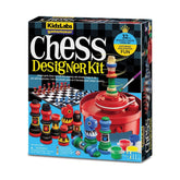 4M KidzLabs Gamemaker Chess Designer Kit packaging features a black background, a matte cardboard board, and glossy plastic c