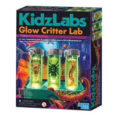 KidzLabs Glow Critter Lab toy playset features three yellowish-green scorpions in clear tubes, with a blue-purple gradient ba