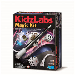 KidzLabs Magic Kit packaging features a black background, large white and red text, a top hat, dice, and a wand.