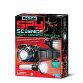 KidzLabs Spy Science Night Mission Spylite toy packaging featuring a flashlight, strap, and warning label on a red background