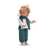 Blonde 40 cm doll with blue eyes, teal pants, matching scarf, and white blouse from ASI Dolls Sabrina Ibiza Collection.