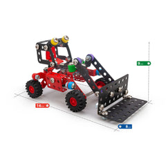 Red metal construction toy with black wheels and colorful connectors, measuring 16cm long, 9cm tall, and 8cm wide.