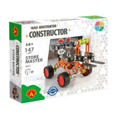 Alexander Maly Constructor Forklift set box, featuring an orange, black, and metal model with 147 parts for ages 8+.