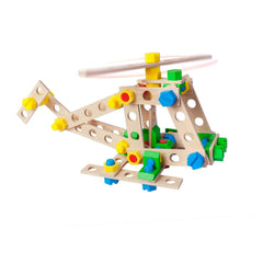 Wooden helicopter toy from Alexander's Maly Constructor Junior set with colorful screws and nuts.