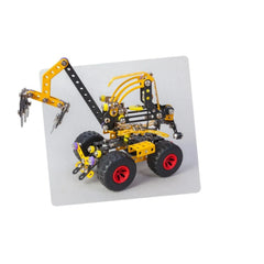 Yellow and black backhoe loader model from the Maly Constructor Noah set, featuring red wheels and metal parts.