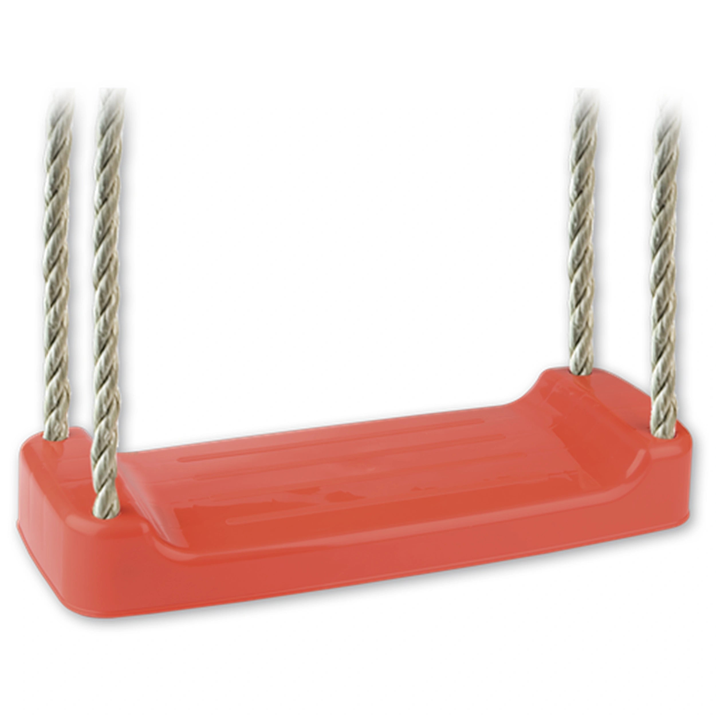 Red swing seat with four sturdy ropes designed for outdoor play.