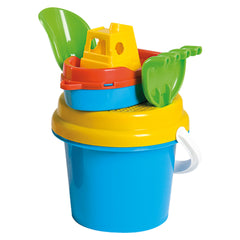 Azure bucket set with yellow sieve, vibrant red boat, and green spade and rake, perfect for beach play.