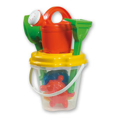 Transparent bucket with yellow lid, red watering can, green shovel and rake, and colorful molds.