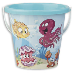 Happy Fish beach bucket with colorful sea creatures like a smiling fish, cheerful octopus, and playful crab on a light blue background.