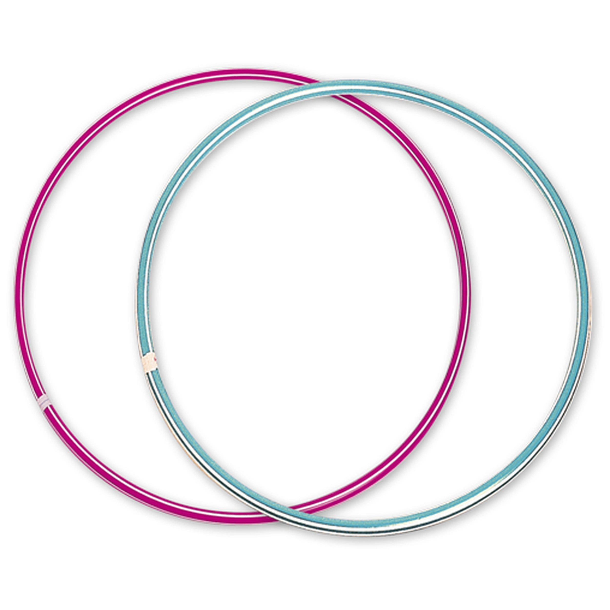 Colorful Androni Hula Hoops, one pink and one blue, overlapping each other, designed for fitness and fun activities.