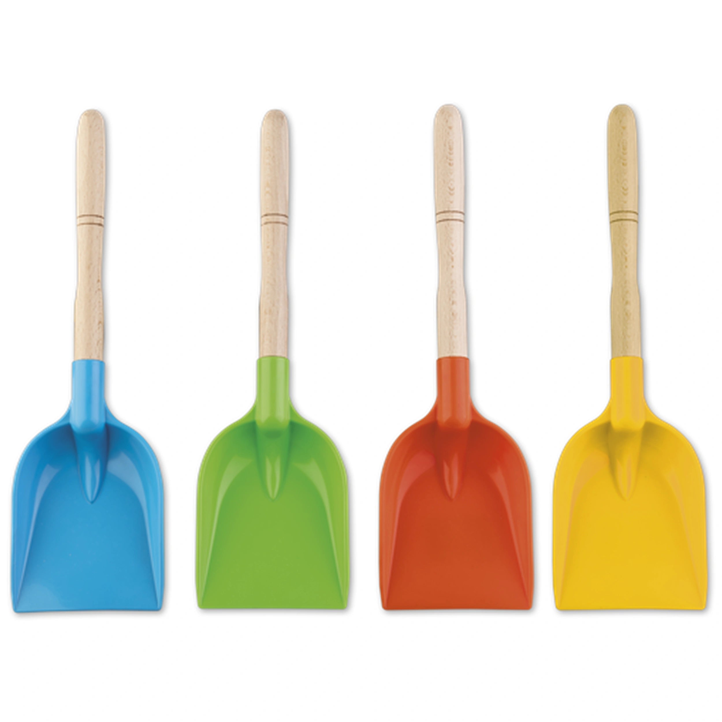 Four colorful shovels with wooden handles in blue, green, orange, and yellow, aligned in a row.