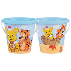 Two blue beach buckets with Poppy and Friends illustrations, featuring a bear and tiger on a sandy beach.