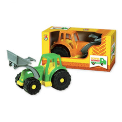 Green androni tractor with digger shovel, black wheels, next to colorful box showing an orange version.