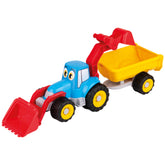 Blue tractor toy with a red digger and yellow trailer, featuring large black wheels with yellow rims and playful eyes.