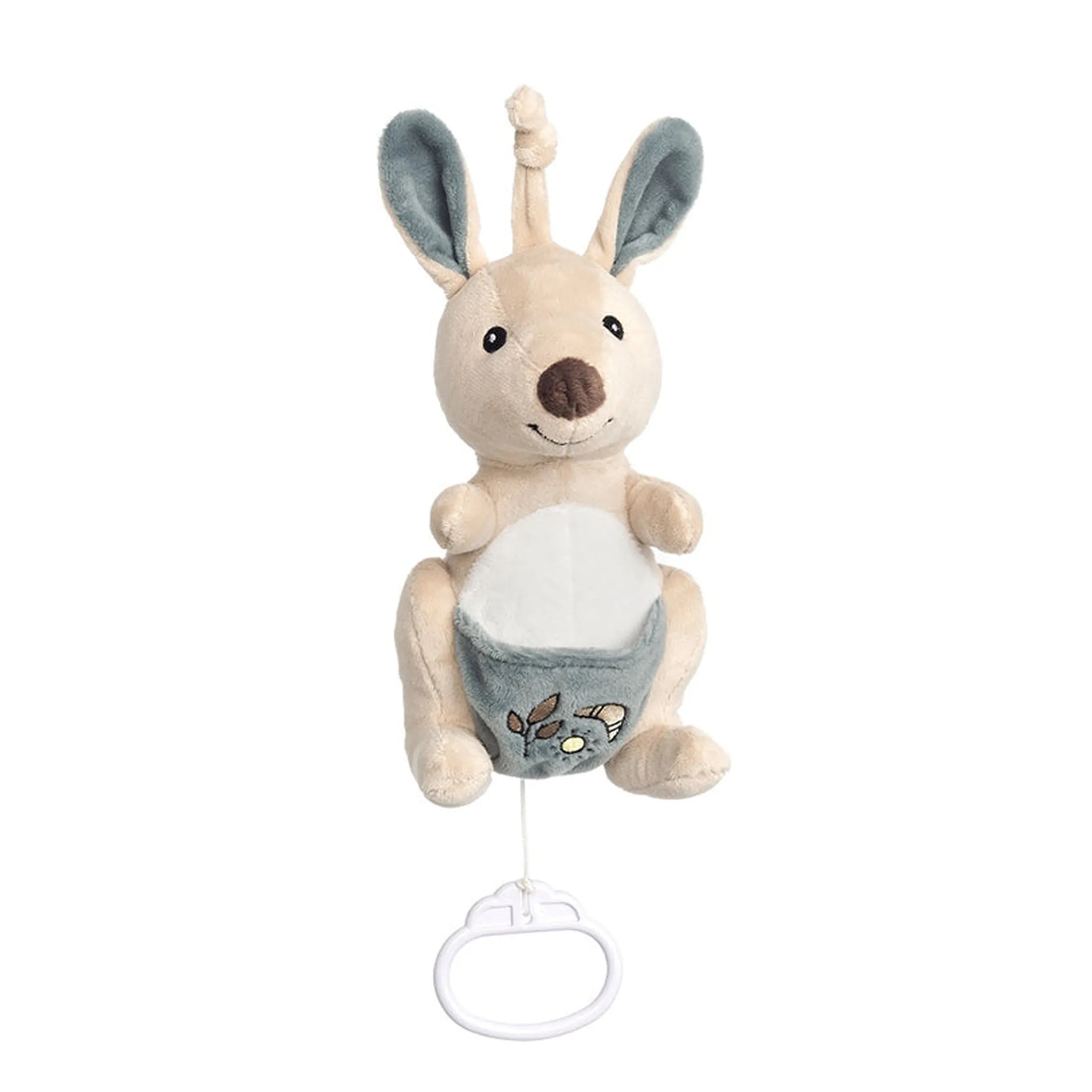 Soft beige kangaroo plush with blue ears, musical ring, and embroidered pouch, designed as a soothing baby carillon toy.