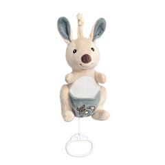 Soft beige kangaroo plush with blue ears, musical ring, and embroidered pouch, designed as a soothing baby carillon toy.