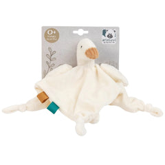 Soft cream duck-shaped comforter with a plush head and knotted corners, featuring brown beak and colorful fabric tags.