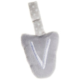 Soft grey plush letter "V" with a textured handle, ideal for baby play and educational activities.