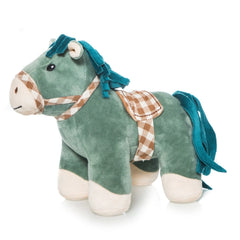 Green plush pony with turquoise mane, removable checkered saddle and bridle, crafted from soft material, side view.