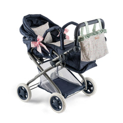 Navy blue doll stroller with a floral canopy and pink bows, designed for 36–46 cm dolls.