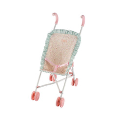 Pink and white doll stroller with soft fabric seat and pink wheels, designed for children’s play.