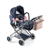 Navy stroller for 36-46 cm dolls with pink bows and floral diaper bag, featuring a removable canopy.