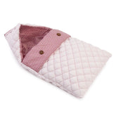 Medium pink quilted sleeping bag for 36 cm dolls, features white stars and two brown buttons, crafted for comfort and style.