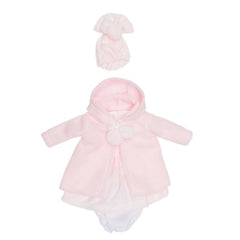 Pink doll outfit with jacket, hat, and layered dress, designed for 36 cm dolls like Asi Dolls.