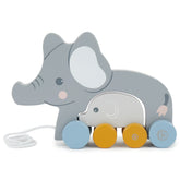 BIECO Pull-Along Elephants feature a large gray elephant with a smaller gray baby elephant, both on colorful wooden wheels, ready for imaginative play.