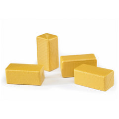 Four rectangular yellow hay bales, textured for realism, arranged on a white surface, part of the Bruder farm toy set.