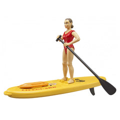 Lifeguard toy figure in red swimsuit on yellow paddleboard holding a black paddle.