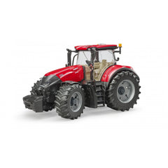 Red Bruder Case IH Optum 300 CVX toy tractor, black tires, fully glazed cabin, 1:16 scale model on white background.