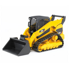 Yellow CAT compact track loader toy with rubber-chain drive and black scoop, seen from the side.