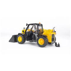 Yellow and black Bruder Caterpillar telehandler toy with realistic features and open door.