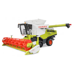 Bruder Claas Lexion 780 toy harvester with red reel and green-white body, featuring Terra Trac caterpillar tracks.