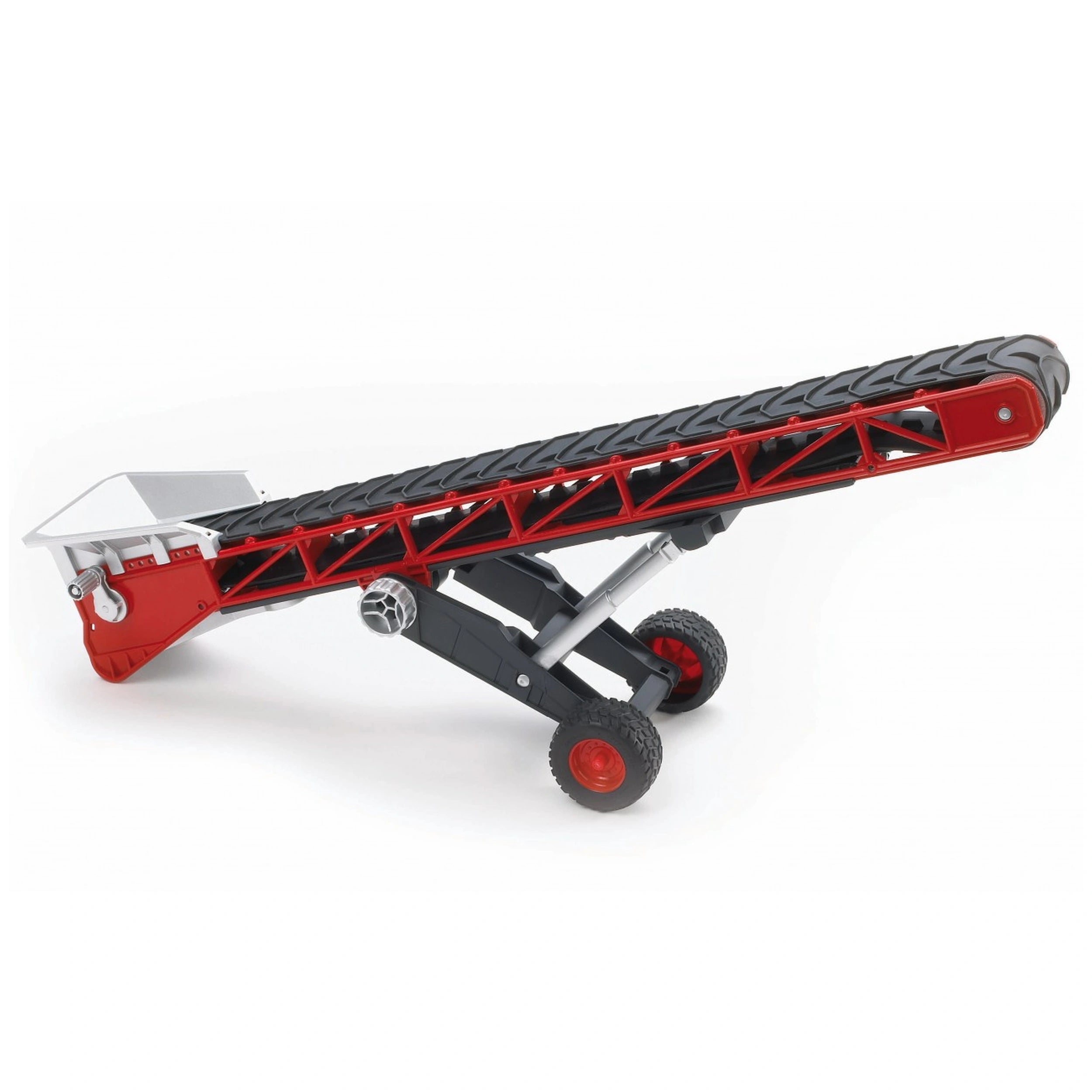 Red and black Bruder conveyor belt toy with crank and wheels, designed for imaginative play and motor skill development.