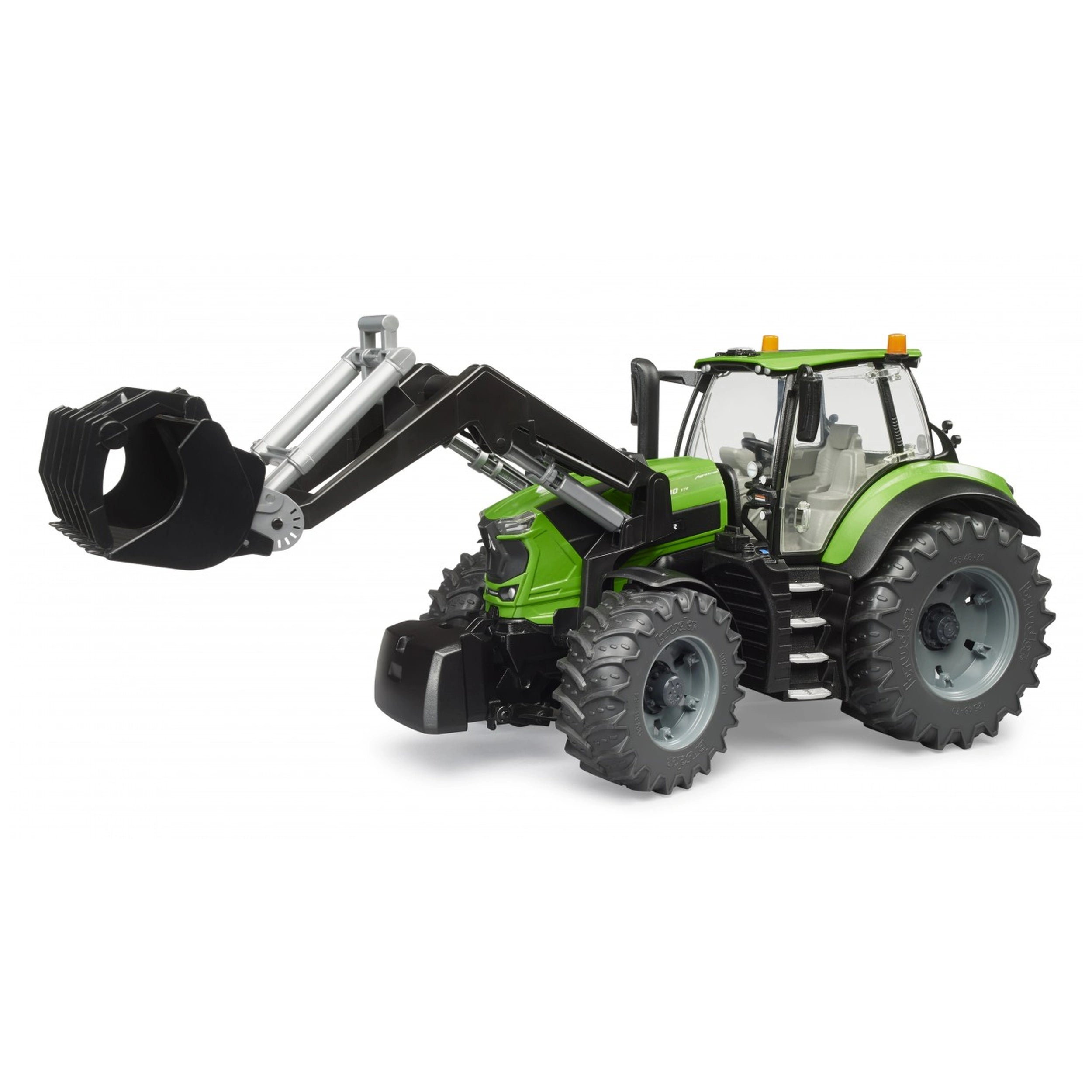 Green Bruder Deutz 8280 TTV toy tractor with frontloader, large tires, and detailed cab in 1:16 scale.