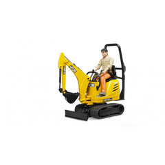 Yellow JCB Micro Excavator 8010 CTS toy with construction worker figure, featuring a movable arm and detailed design.