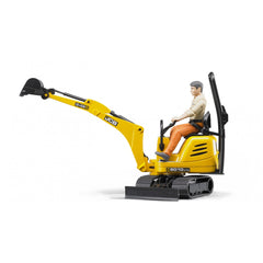 Yellow JCB micro excavator toy with operator figure, detailed design, side view, suitable for imaginative play.