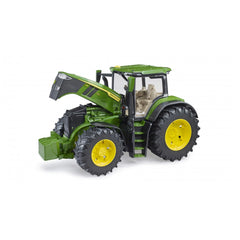 Green John Deere 7R 350 toy tractor with yellow wheels and open hood revealing engine details.