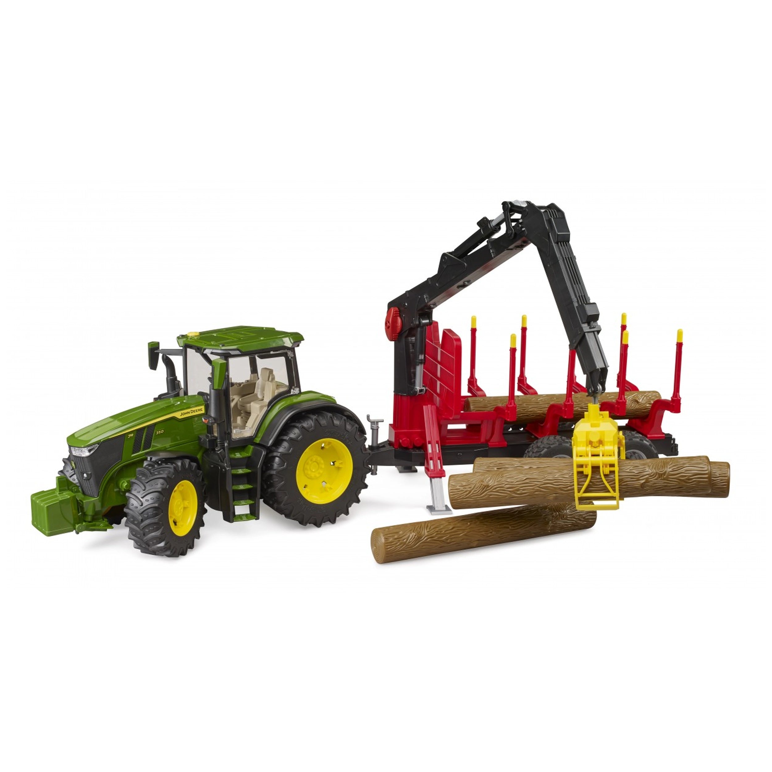 Green John Deere 7R 350 toy tractor with red forestry trailer carrying logs, featuring a crane and yellow claw.