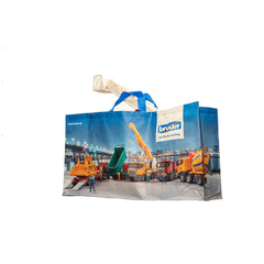 Bruder Large Shopping Bag with vibrant construction vehicle design, blue handles, and spacious capacity.