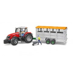 Red toy tractor connected to a gray livestock trailer with an orange roof, featuring two farmer figures.