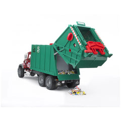 Bruder MACK Granite Garbage Truck with raised green container unloading colorful trash.