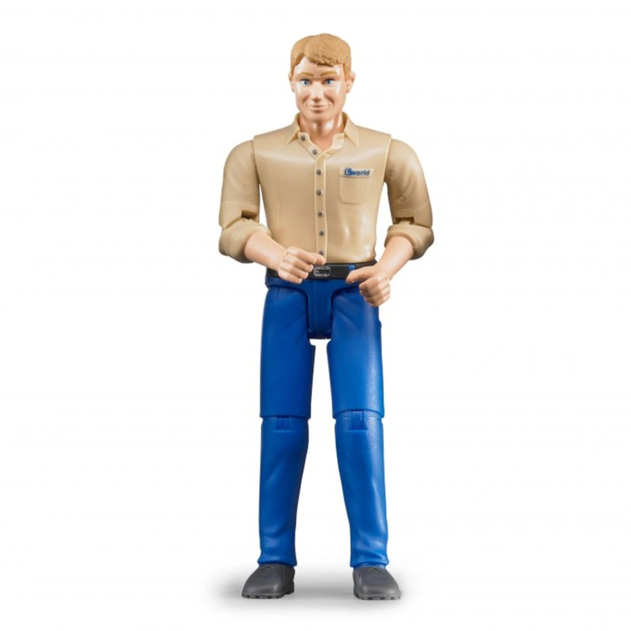 Blonde action figure in beige shirt and blue jeans, standing with hands on hips, wearing black shoes.