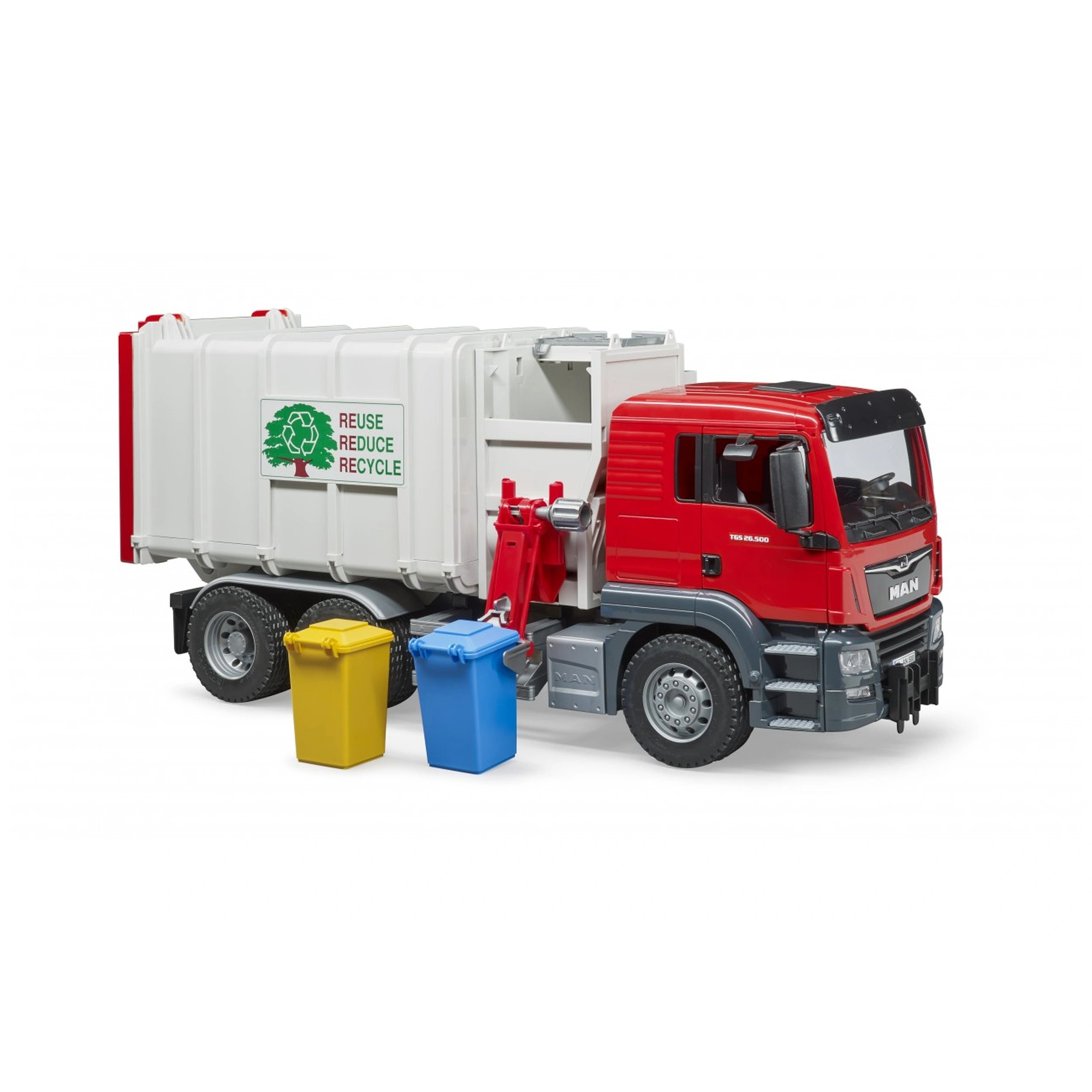 Red and white toy garbage truck with side-loading arm, yellow and blue trash bins, emphasizing reuse and recycling.